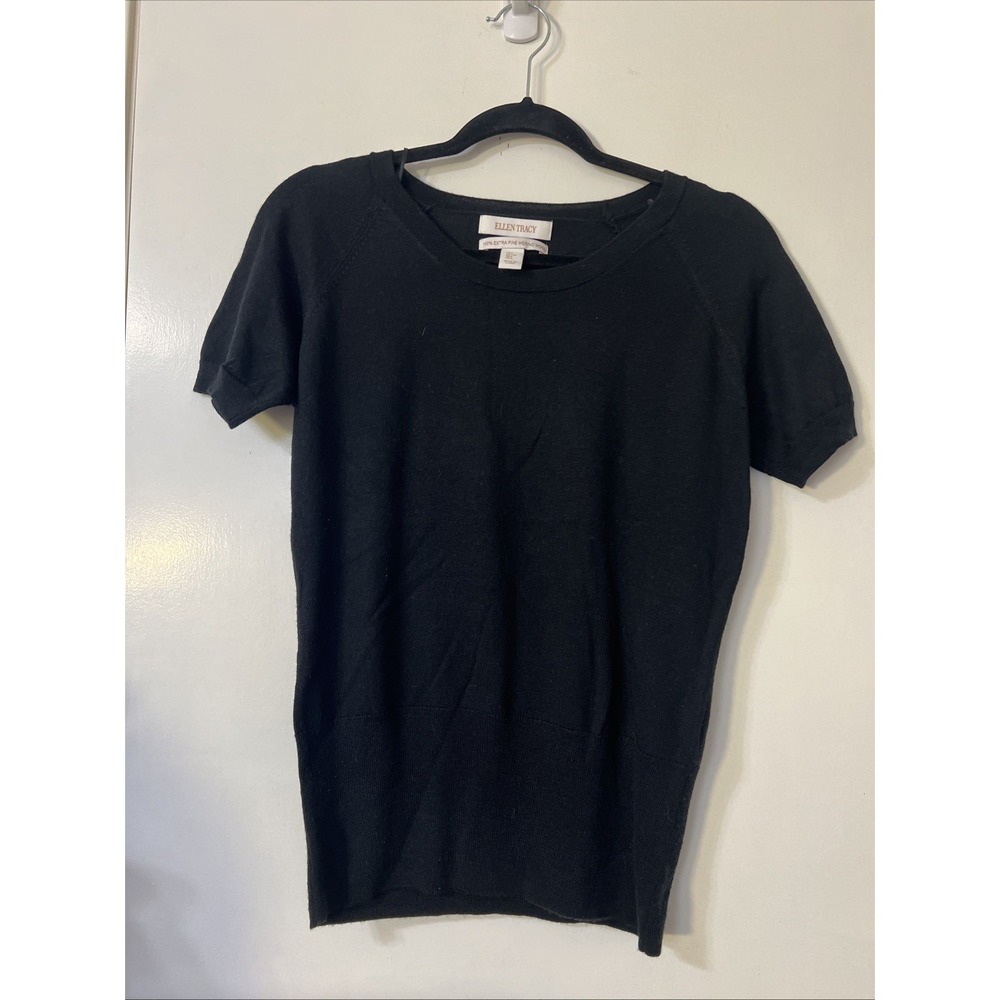 ELLEN TRACY BLACK 100% EXTRA FINE MERINO WOOL CREWNECK SWEATER SZ Large $228